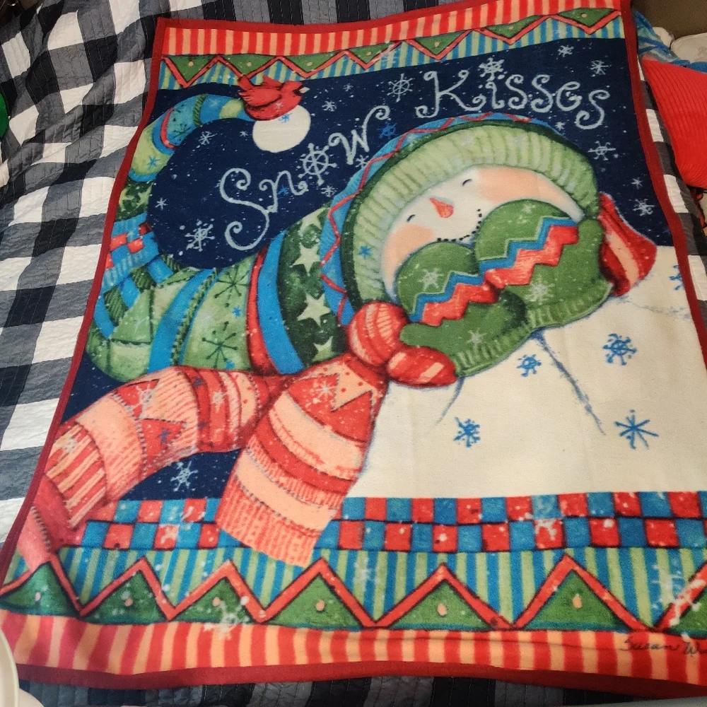 2007 Susan Winget SNOW KISSES Snowman Fleece Blanket Throw 63 X 47 Christmas
